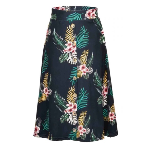 Floral Print Button Placket Midi Skirt- Navy Floral - Picture 3 of 4